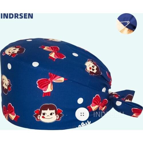 Cartoon printing 100% cotton Pet Shop Grooming Scrubs Caps Adjustable Scrub Hat Multicolor Hats Beauty Salon Working Cap button