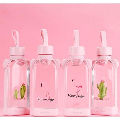 Glass Water Bottle Cherry Blossom Cactus Pattern Transparent Creative Fresh Cute Girl Heart Portable Flamingo Sports Outdoor Cup