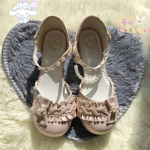 Kawaii Tea Party Lolita Shoes Pearl Lace Sweet Girls Lolitas Anime Cosplay Goth Mid Heel Summer Women Elegant Student Sandals