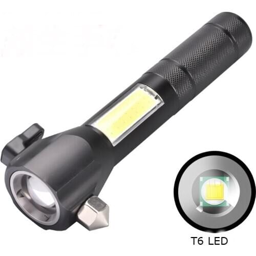 USB Rechargeable Flashlight T6 LED+COB Light Waterproof Durable Zoom Torch With Safety Hammer Cutting For Outdoor Camping