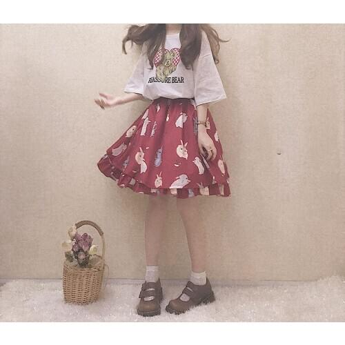 Japanese Cute Bunny Girl Tutu Skirt Harajuku Soft Sister Hight Waist Lolita Mini Skirts Kawaii Rabbit Ruffle Red Skirt Black