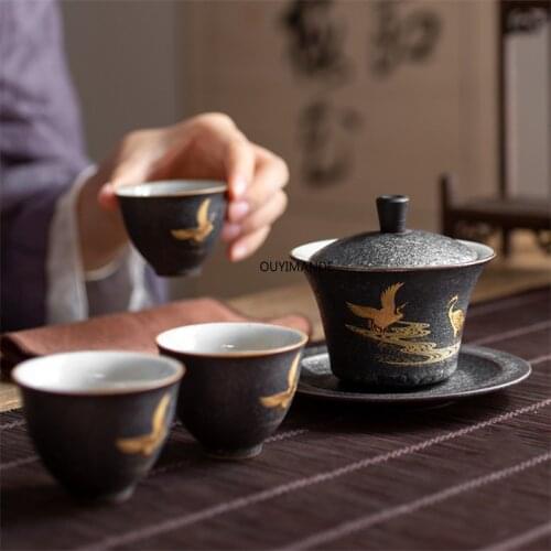 Ceramic Gaiwan Office Teacup Handmade Kung Fu Tureen Creative Chinese Tea Bowl with Lid and Saucer Water Mug Tea Set Drinkware