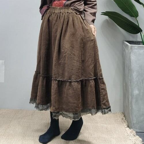 Retro Skirt Women Autumn Winter Casual Loose Skirt 2021 Ladies Elastic Waist Spliced Vintage Skirt
