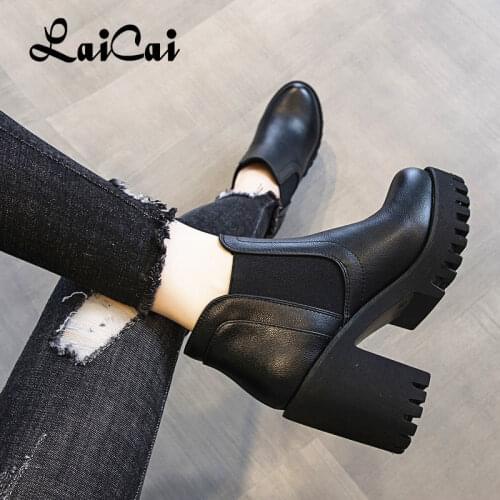 Womens Boots British Style Autumn and Winter New Chunky Hee Platform Fashion All-Match Short Boots Fleece-Lined High Heel Boots