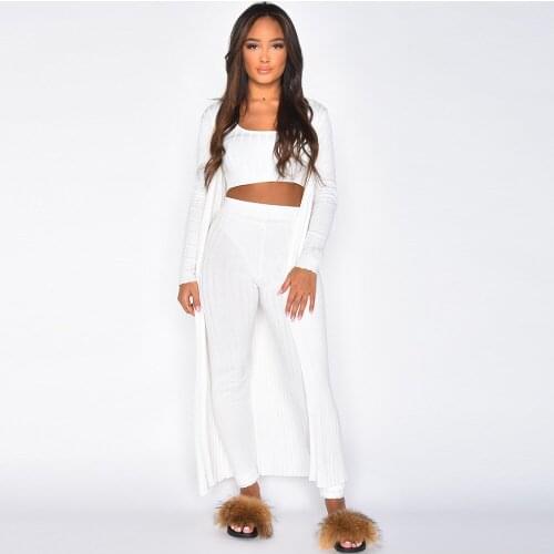 Spring Autumn Womens Tracksuit Knitted Suit Stretchy Tank Crop Top+pencil Legging Pant+full Sleeve Extra-long Cardigan Outfits