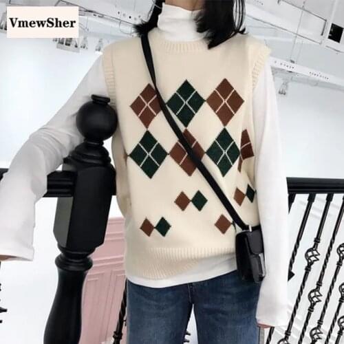 VmewSher New Argyle Women Sweater Vest Autumn Spring O Neck Female Knitted Pullover Color Block Plaid Sleeveless Jumper Tops