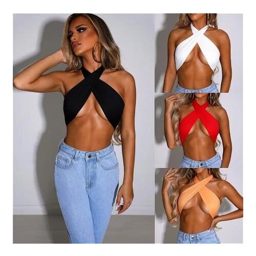 2021 Women Halter Cross Bandage Sexy Vest Crop Tops Sleeveless Solid Color Tank Tops Vintage Club Sexy Shirts Female