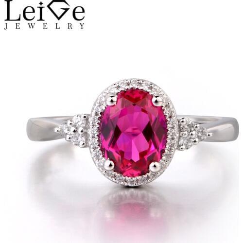 Leige Jewelry Ruby Solid 925 Sterling Silver Ring Red Gemstone July Birthstone Oval Cut Engagement Wedding Ring Gifts for Women