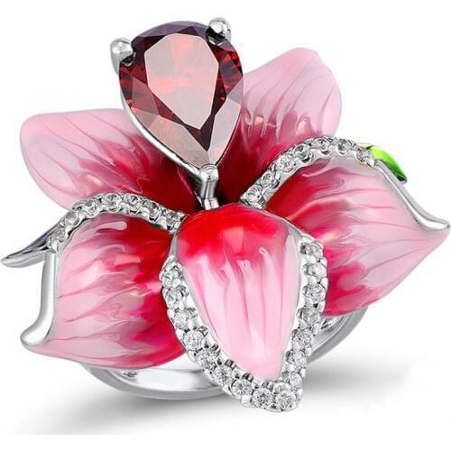 Red Flower Bling Zircon Stone Plant Rings for Women Cute Wedding Engagement Fashion Party Jewelry 2019