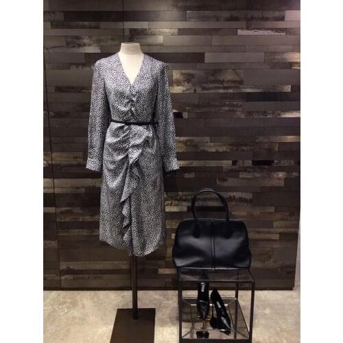 100% Silk Luxury Design 2021 Spring Summer Collection Deep V neck Printed Belted Knee Length Office Lady Dress