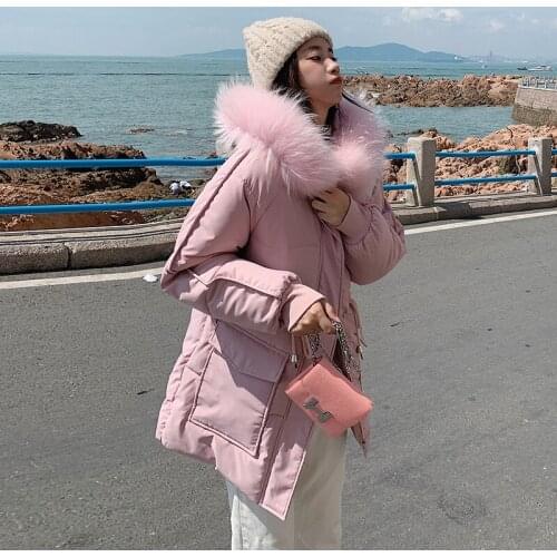 Winter Fur Collar Hooded Coat Female Thick Down Cotton Padded Overcoat Female Plus Size Casual Long Parkas Mujer 2021