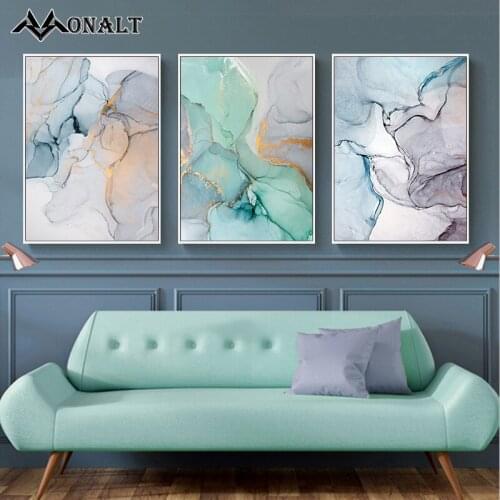 Abstract Decor Canvas Painting Nordic Golden Lines Geometric Marble Pattern Blue Modern Art Decorative Picture for Living Room