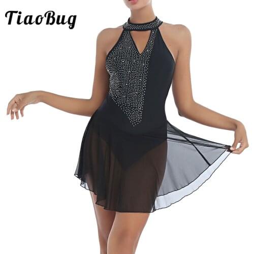 Women Girls Halter Neck Ballet Dance Dress Backless Rhinestone Figure Skating Skirted Leotard Gymnastics Dresses