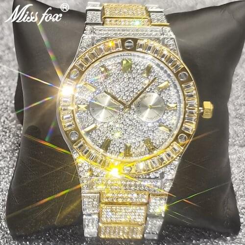 Hip Hop MISSFOX BOSS Diamond Mens Watches Top Luxury Brand Iced Out Watch Full Steel AAA Quartz Wrist Watch Relogio Masculino