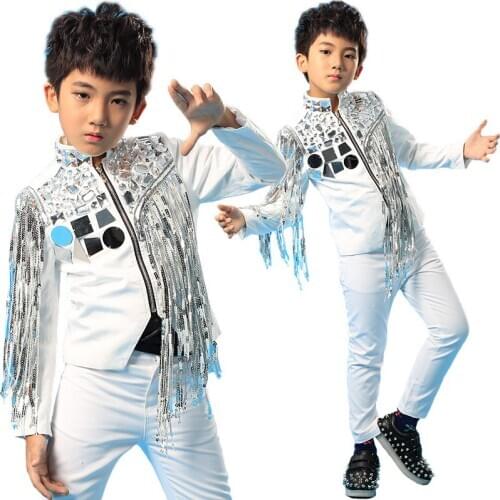 Kids Jazz Dance Costumes Silver Fringed Sequined White Jacket Ballroom Top Boys Hiphop Clothes Stage Show Festival Wear DNV10048