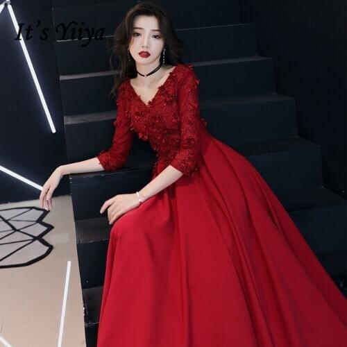 Burgundy Evening Dresses Its Yiiya R215 V-neck Appliques Beading Long Vestidos De Fiesta V-Neck Half Sleeve Formal Dresses