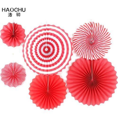 HAOCHU 6pcs/lot 8"12"16" Paper Fans Decoration Red Round Hanging Fan for New Year Christmas Festival Backdrops DIY Wedding Favor