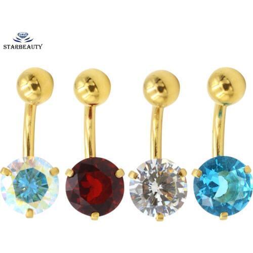 316L Stainless Steel Gold Color Import Zircon Navel Bars Belly Button Ring Navel Piercing Earrings Body Jewelry 1.6*10*5*8mm