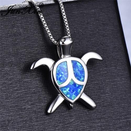 JUNXIN Cute Oval Teardrop Turtle Pendant White Blue Fire Opal Necklaces For Women Silver Color Birthstone Choker
