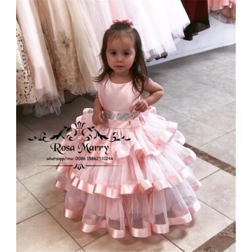 Lovely Pink Ball Gown Girls Pageant Dresses 2021 Cupcake Plus Size Tiered Tulle Girls Birthday Party First Communion For Kids