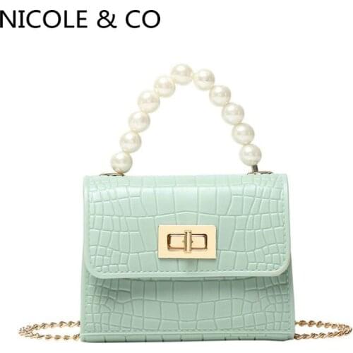 NICOLE & CO Women Mini Pearl Handbags 2021 Fashion New Ladies Small Cosmetic Bag PU Shoulder Messenger Phone Bag Girl Coin Purse