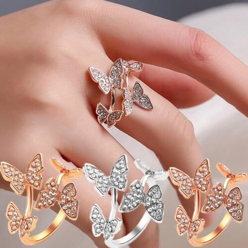 Fashion Four Butterfly Ring Crystal Butterfly Wings Opening Rings for Women Work Casual Accessories Wholesale Jewelry