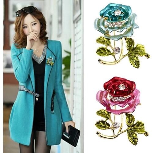 Fashion Womens Three-dimensional Rose Leaf Brooch With Rhinestone Rose Flower Brooch Pin Wedding Party Jewelry Gifts