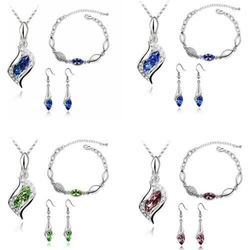 Fashion Jewellery Set Bracelet Necklace Crystal Cubic Zirconia Earrings Blue And Silver Color