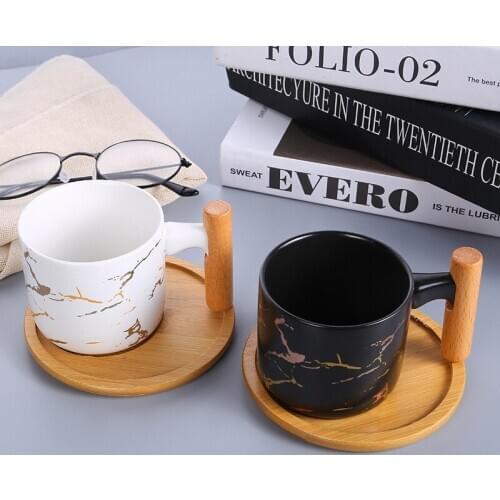 MT New Marble Plated Ceramic Cup Wooden Handle Antique Cup with Plate Matt Ceramic Water Mug Mug Mugs Coffee Cup