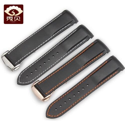 Soft Silicone rubber Watchband for OMG Black with white/orange thread Blue Red color Strap Steel Deployment Buckle 20mm 22mm