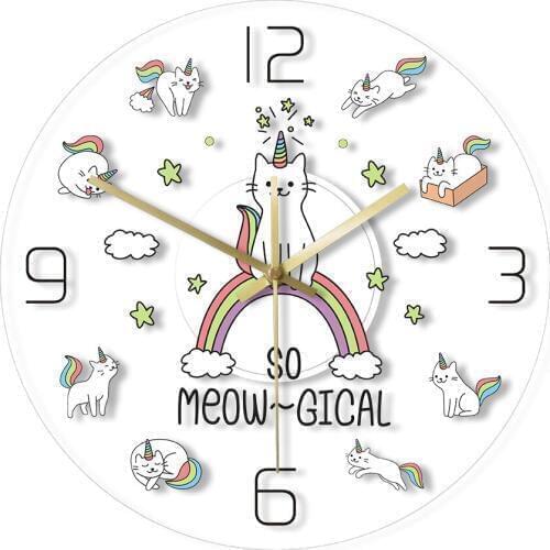 So Meow-Gical Lovely Cat Unicorn Wall Clock Cute Mystical Animal Pretty Caticorn Wall Clock Unique Rainbow Cloud Cat Kids Gift