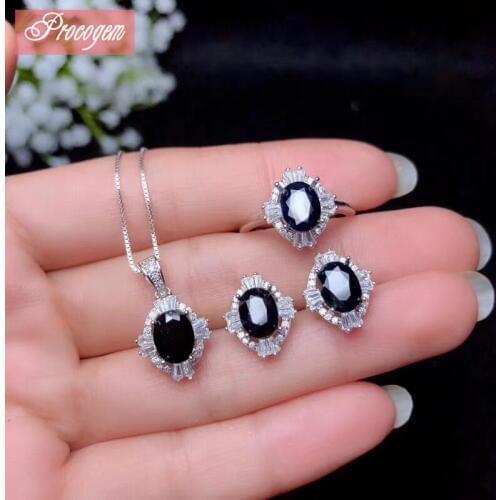 Natural Sapphire Jewelry sets for Women 6x18mm Genuine gemstone Necklace/Ring/Stud Earrings fine Jewelry S925 18K Whitegold #111