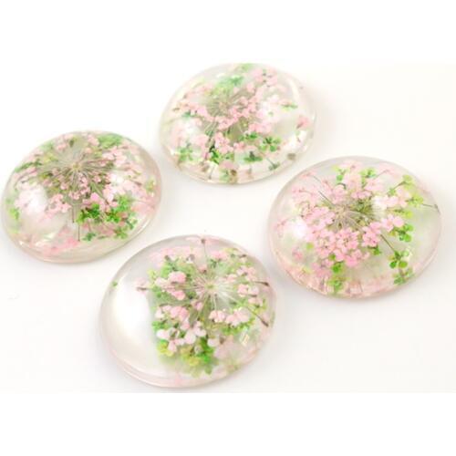 New Fashion 5pcs 25mm Natural Green And Pink Dried Flowers Flat Back Resin Cabochons Cameo G3-24
