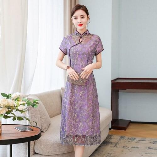 2021 chinese style retro cheongsam bodycon modern lace drip collar aodai embroidered qipao dress elegant split party dress