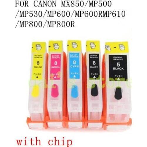PGI-5BK CLI-8 BK C M Y refillable ink cartridge for canon PIXMA MX850/MP500/MP530/MP600/MP600R/MP610/MP800/MP800R with chip