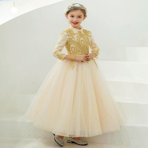 Flower Girl Dresses High Three Quarter Princess Floor-Length Tulle Sequined Embroidery Luxury Champagne Lace Kid Party Gown H174