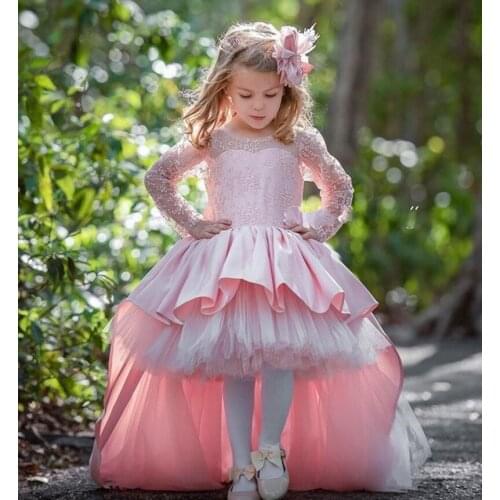 Pink Flower Girls Dresses For Wedding 2021 High Low Style Puffy Ruffles Kids Formal Wear Long Long Girls Birthday Gown