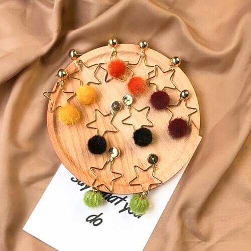 Kpop Star Color Plush Ball Earrings for Women Hollow Gold Color Five-pointed Star Earrings Simple Fashion Jewelry Trend New 2020