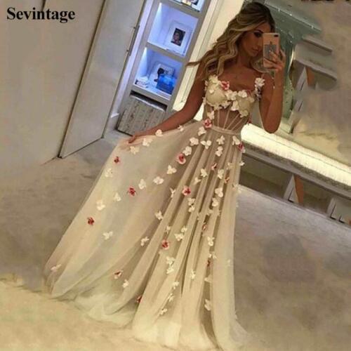 Sevintage Chic 3D Flowers Long Prom Dresses Spaghetti Strap Tulle Women Evening Gowns Open Back Princess Formal Dress 2021