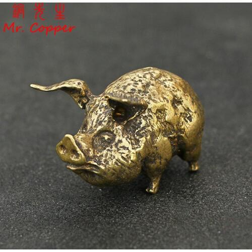 Retro Copper Chinese 12 Zodiac Flying Pig Statue Home Decoration Antique Brass Lucky Animal Figurine Small Table Desk Ornaments