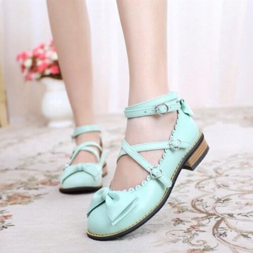 Lolita Shoes New Tea Party Sweet Bow Round Head Cross Strap Buckle Simple Handmade Pu Ladies Elegant Female Kawaii Cosplay Goth