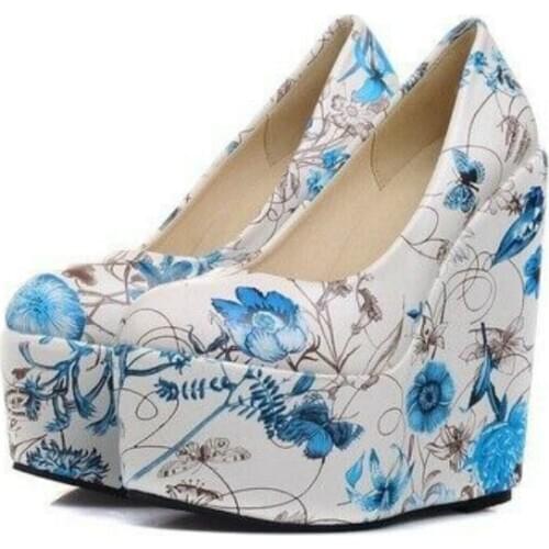 Crossdresser Cosplay Shoes Fashion Womens Shoes Stage Print Leather Wedge Heel 15cm Super High Heels