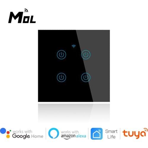 Tuya Smart Wifi Touch Light Switch EU 220V No Neutral Wire Required Wall Switch 4 Gang Black Compatible Alexa Google Home