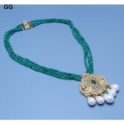 GuaiGuai Jewelry 3 Strands 4mm Faceted Round Green Agates Necklace Gold Color Plated CZ Pave Swan White Sea Shell Pearl Pendant