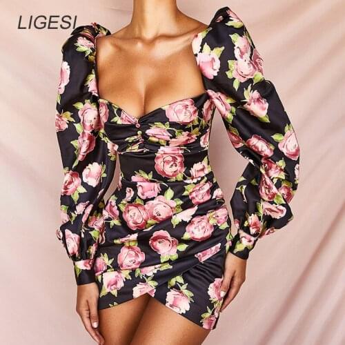 Floral Print Vintage Women Bodycon Dress Puff Sleeve Off Shoulder Black Party Dresses Sexy Satin Mini Vestidos 2019 Autumn