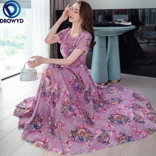 2021 Summer Boho Beach Maxi Dress for Women Hot Sale O-neck Short Sleeve Floral Chiffon Long Dress High Quality Plus Size S-4XL
