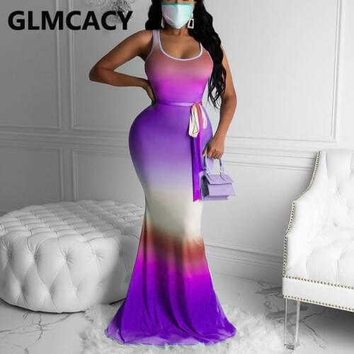Women Sleeveless Tabk Dress Elegant Bodycon Evening Party Mermaid Floor Length Dress