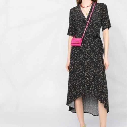 2021 Summer Women Floral Midi Dress Wrap Irregular Lace-up Short Sleeve V-neck Female Retro Dresses