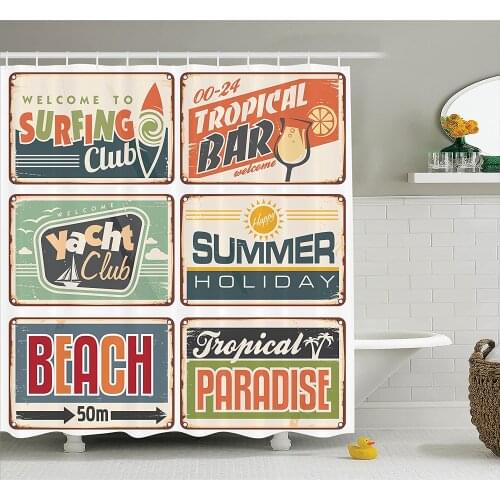 1950S Shower Curtain Summer Holiday Vintage Camping Beach Sign Boards in Old Style Faint Colors Art Print Bathroom Curtains