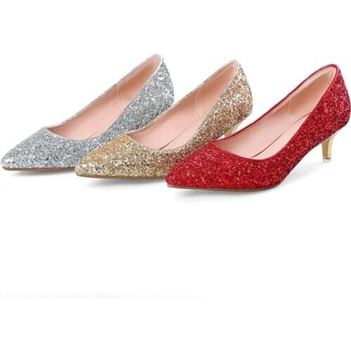 AGODOR spring 2020 gold silver red pointed toe glitter heels ladies sequin shoes bridal wedding pumps womens shoes size 10